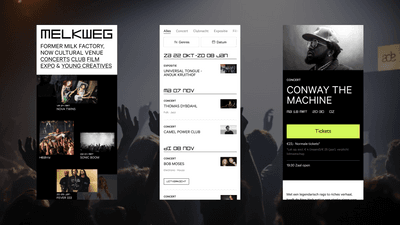 Drie schermen van de mobiele Melkweg-website met agenda en concertinformatie