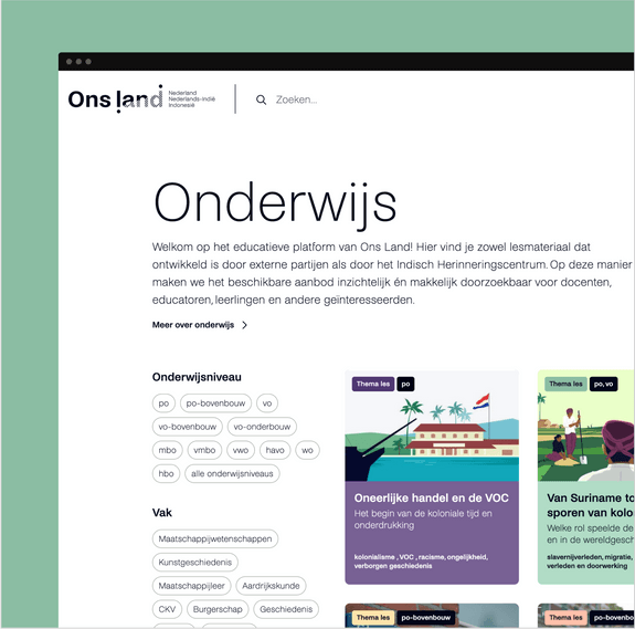 Screenshot van de onderwijs pagina van Onsland