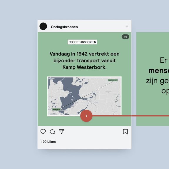 Screenshot van een social post van Oorlogsbronnen. Er staat Vandaag in 1942 vertrekt er een bijzonder transport uit Kamp Westerbork.