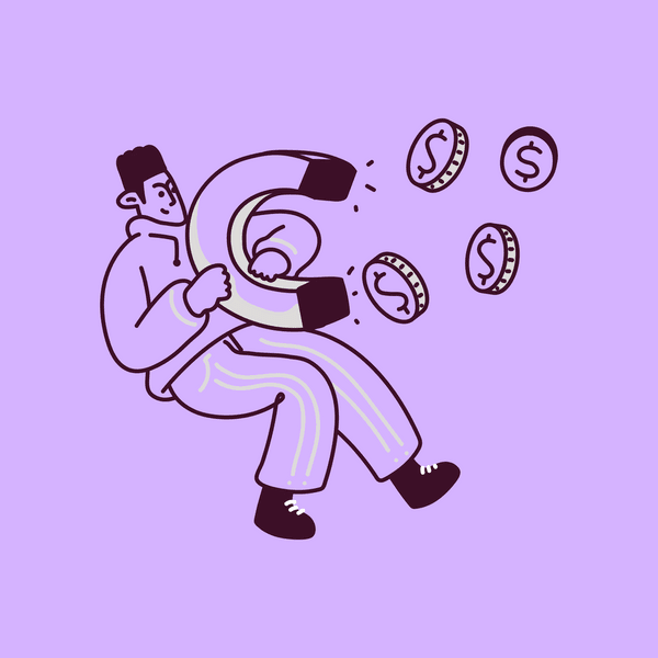 Illustratie van een persoon die een grote magneet vasthoudt waarmee muntjes met dollartekens worden aangetrokken.