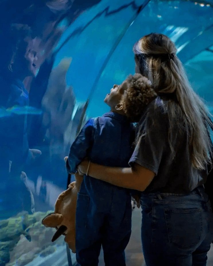 Moeder en kind staan in een aquarium in een dierentuin